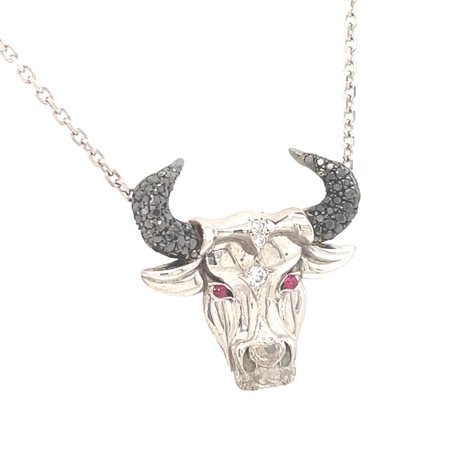 GIROCOLLO IN ORO BIANCO 14K 5.58 GR CON DIAMANTI E RUBINI TAURUS 0.56 + 0.03...