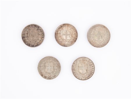 5 monete da 5 Lire Vittorio Emanuele II Regno d'Italia 1870 Roma; 1875...
