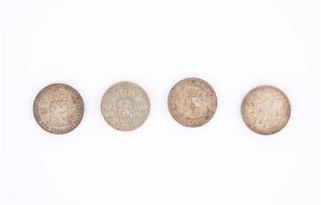 4 monete da 5 Pesetas Spagna 1875, 5 Franchi Belgio 1873, 2,5 Gulden Paesi...