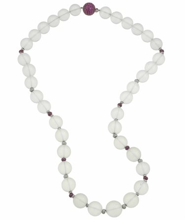 Collana con cristallo di rocca sabbiato, rubini e diamanti