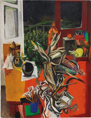 Renato Guttuso, Pannocchie, oggetti sul tavolo e finestra, 1963