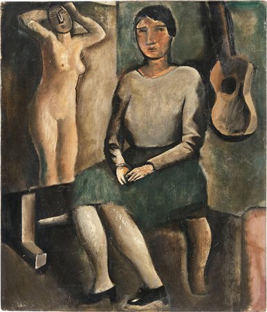 Mario Sironi, Figura femminile seduta, chitarra e dipinto (nudo) su cavalletto, 1927 ca.