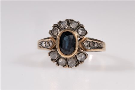 Anello in argento, oro giallo, zaffiro e diamanti