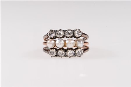 Anello in argento e oro basso, perle e diamanti