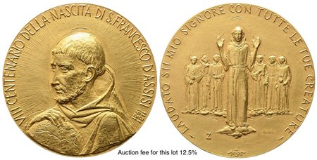 ITALIA. Medaglia coniata nel 1981 per l'VIII centenario della nascita di san Francesco d'Assisi 1181-1981