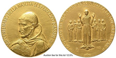ITALIA. Medaglia coniata nel 1981 per l'VIII centenario della nascita di san Francesco d'Assisi 1181-1981