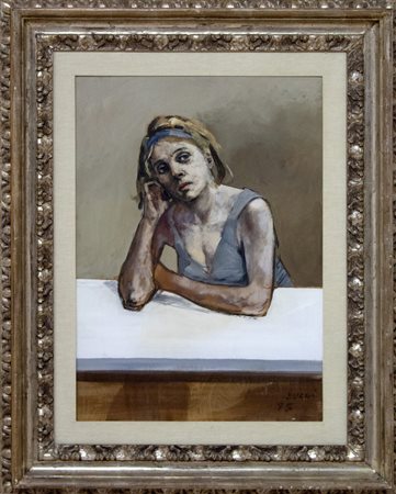 Alberto Sughi Donna seduta al banco, 1975 olio su tavola cm 80x60 Opera...