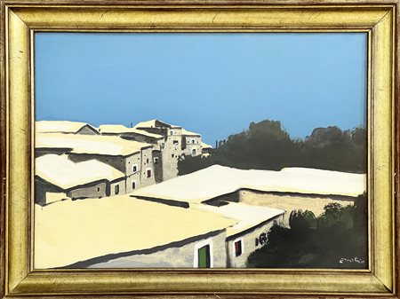 Enotrio Pugliese Tetti e neve, 1982 olio su tavola cm 70x50 Autentica a cura...