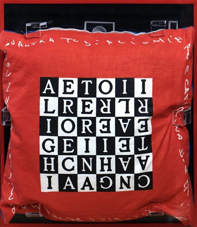 Alighiero Boetti Caterina e Alighiero, 1990 stampa su cuscino cm 55x48 Opera...