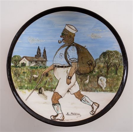 EDOARDO PAZZINI (Verucchio 1897 - Rimini 1967) Piatto in maiolica policroma....