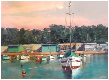 LORENZO PALAZZI Livorno 1921 – 1990 Senza titolo Olio su faesite 50 x 70....