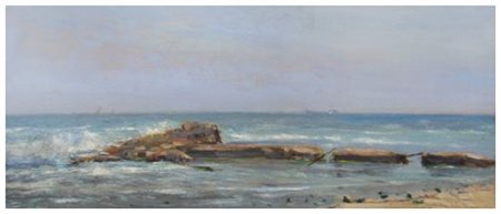 FEDERICO CRESCI Livorno 1941 Scoglio del sale Olio su tavola 20,5 x 48,7....