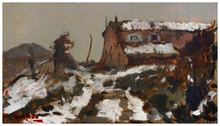 ANGIOLO VOLPE Livorno 1943 Presso il Gabbro Olio su tavola 18 x 32. Firma in...