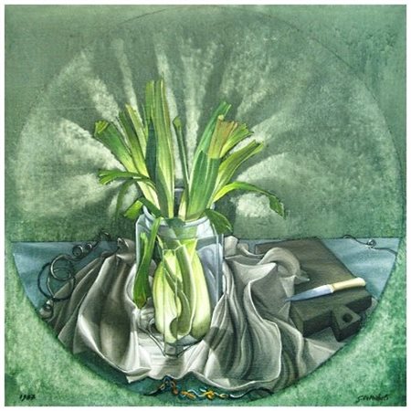 GIOXE DE MICHELI Milano 1947 Natura quasi morta 1987 Olio su juta 70 x 70....