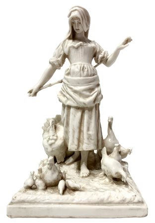 Statua in porcellana raffigurante ragazza con galline, 20° secolo