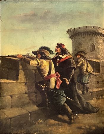 Dipinto raffigurante torrione con fucilieri e cardinale , nineteen° secolo