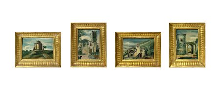 Santo Marino (Militello val di Catania  1924-1991)  - Quattro dipinti  paesaggi in cornice dorata, 1943