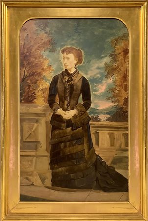 Ritratto di nobildonna sul balcone con sfondo paesaggistico, 20° secolo