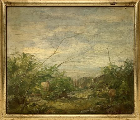 Dipinto campestre con cespugli ed alberi