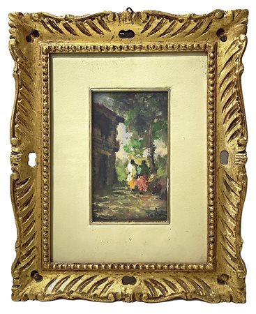 Dipinto raffigurante paesaggio campestre con case e personaggi, Nineteen° secolo