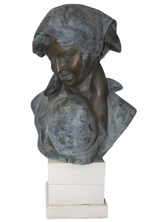 Donna con bambino, Bronzo a cera persa patinato verde, 19th/20° secolo