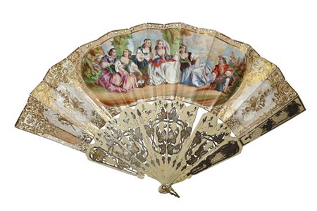 Ventaglio doubleface raffigurante scena galante con decori in oro, Nineteen° secolo