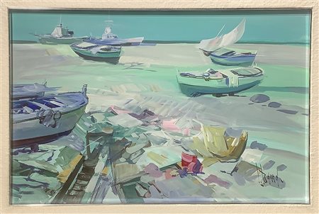 Lelio Barra (Mascalucia)  - Barche e pescherecci a secco sulla spiaggia, 20° secolo