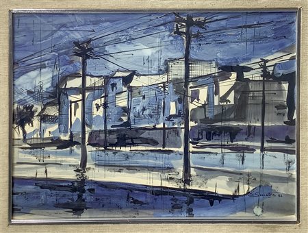 Pali elettrici lungo un caseggiato, 1982