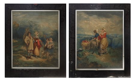 Coppia di stampe con personaggi in cornice di legno con decorazioni floreali