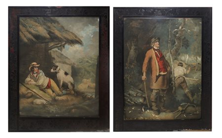 Coppia di stampe con personaggi in cornice di legno con decorazioni floreali