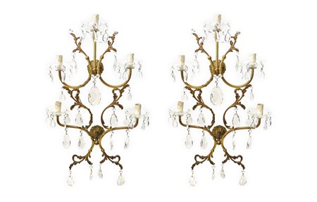 Coppia di appliques in ottone dorato con brindoli, a 5 luci, 20° secolo