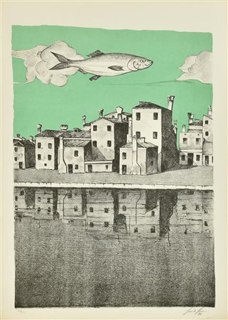 Ignoto SCENA ONIRICA serigrafia su carta Fabriano, cm 70x50; es. 73/99 firma...