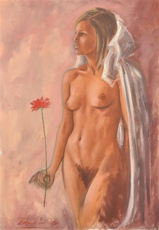 Carlo Tacchini NUDO CON GAROFANO ROSSO olio su tela, cm 70x50