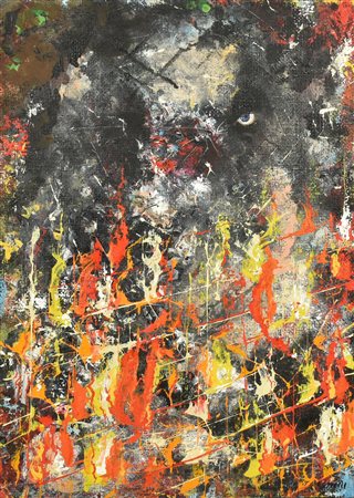 Carlo Tacchini PIROMANI IN LIBERTA' acrilico su tela di juta, cm 70x50...