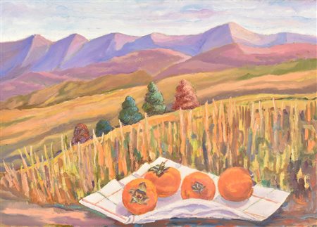 Jerta Butti Cappellutti NATURA MORTA CON CACHI olio su tela, cm 50x70 sul...