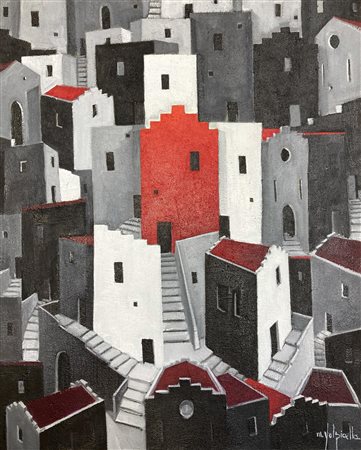 Michele Volpicella LA CASA ROSSA NELLA CONTRADA olio su tela insabbiata, cm...