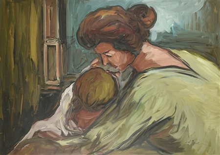 Francesco Paolo Mancini MATERNITA' olio su faesite, cm 50x71 firma sul retro:...