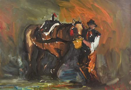 Antonio Mancini CAVALLO CON BUTTERO olio su faesite, cm 34x48 firma