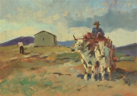 a firma Gioli PAESAGGIO CAMPESTRE olio su masonite, cm 25x35 firma