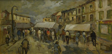 Luigi Benevento GIORNO DI MERCATO olio su faesite, cm 30x60 firma sul retro:...