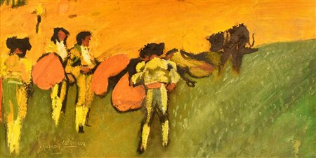 Valencia Ramon CORRIDA tecnica mista su cartone, cm 40x80 firma Lievi difetti