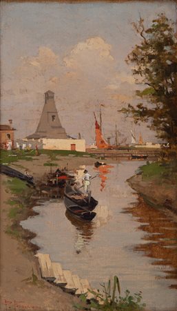 Pietro Fragiacomo Trieste 1856 - Venezia 1922 Venezia povera con barcaiolo e fornace