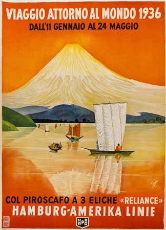 Artista non identificato, Viaggio Attorno al Mondo 1936 ( Monte Fuji - Giappone) - Hamburg Amerika Linie HAPAG.