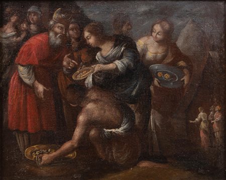 Autore del XVII-XVIII Secolo La regina di Saba offre doni a Salomone Olio su...