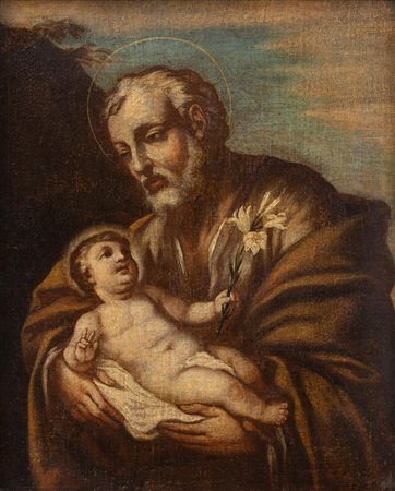 Maestro del XVII-XVIII Secolo San Giuseppe con Gesù bambino Olio su tela...