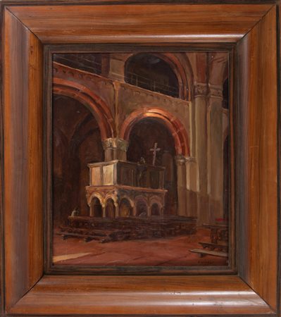 P. Vitali (XX secolo) Interno chiesa S. Ambrogio Olio su cartoncino 60x50 cm...
