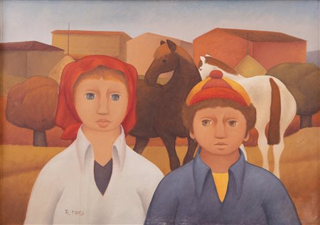 Roberto Masi (Firenze 1940-2011) Figure con cavalli Olio su tela 50x70 cm...
