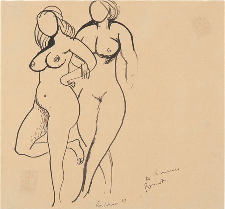Renato Guttuso (Bagheria, 1911 - Roma, 1987) Due nudi di donna 1942 China su...