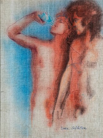 Anna Salvatore (Roma, 1923 - Roma, 1978) Amanti Olio e pastelli cerosi su...