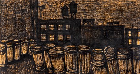 Anonimo del XX secolo ( - ) Notturno in periferia tecnica mista su carta cm...